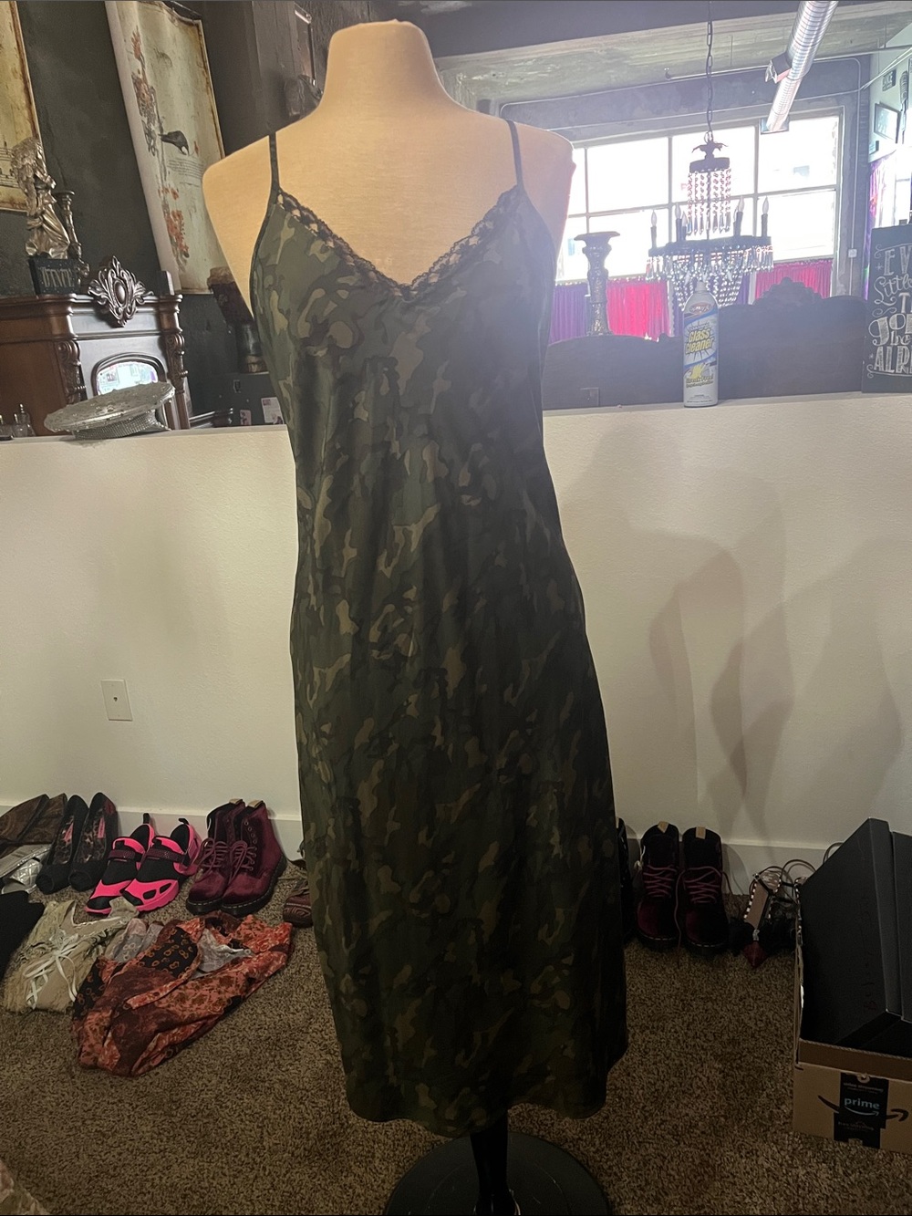 Camo Lace-Trim Slip Dress - Olive Green great for Stage